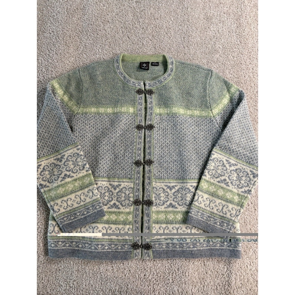 VTG Skyr 100% Wool Nordic Cardigan Sweater XL Green Fair Isle Womens
